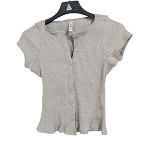 Bundle of 2 Ribbed Short Sleeve Cardigan Sweater Shirts White Gray Woman's L